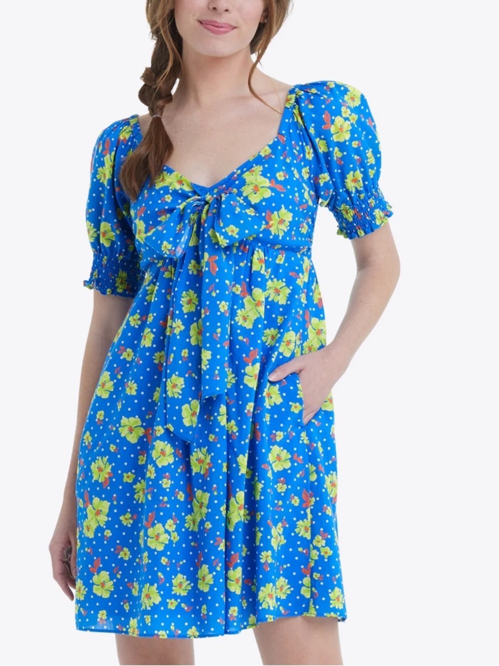 NWT Draper James Jennifer Tie Front Short Sleeve Dress Blue Aster Floral Sz S